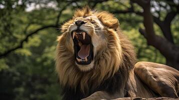 Powerful roaring lion in natural habitat photo