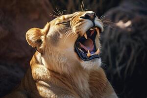 Fierce roaring lion close up portrait photo