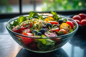 Fresh and healthy vegetable salad in glass bowl photo