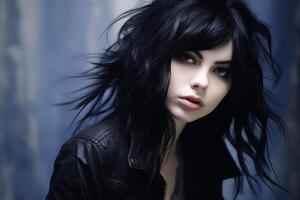 Mysterious woman with dark hair in the wind photo
