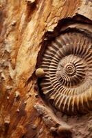 Fossilized ammonite shell embedded in weathered wood photo