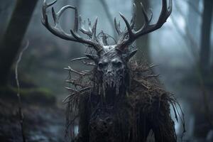 Creepy antlered creature in dark forest photo