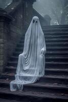 Mysterious ghostly figure on dark staircase photo