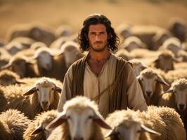 shepherd with flock of sheep in desert landscape photo