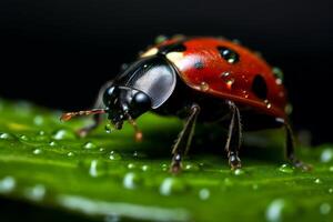 Vibrant red ladybug on green leaf with water droplets photo