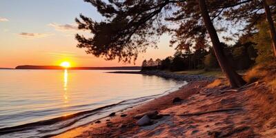 Sunset over a serene lake surrounded by pine trees photo