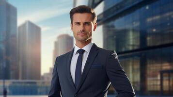Confident businessman standing in front of modern city skyline photo