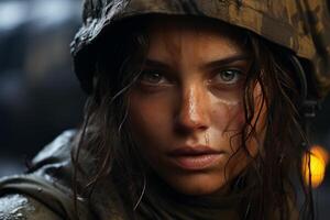 Intense gaze of a determined soldier in the field photo