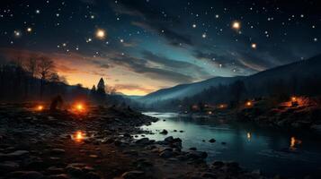 Serene mountain lake at night with starry sky photo