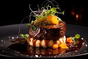 Gourmet steak dish with orange slices and microgreens photo