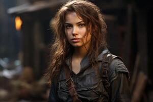 Portrait of a mysterious woman in a post apocalyptic setting photo