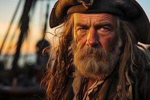 Rugged and weathered face of an older man with a long beard photo