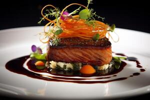 Gourmet salmon dish with colorful garnish photo
