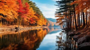 Vibrant autumn landscape with colorful trees reflecting in a serene lake photo