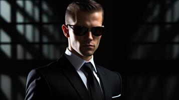 Mysterious businessman in dark suit and sunglasses photo