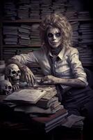creepy skull faced figure in business attire sitting at a cluttered desk photo
