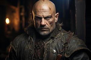 Rugged and weathered warrior with intense expression photo