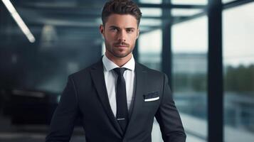 Confident businessman in suit posing in office photo