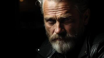 Rugged bearded man with intense gaze photo