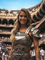 woman in ornate costume smiling at camera in colosseum photo
