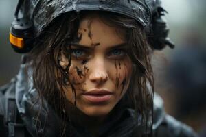 Intense gaze of a determined soldier in the field photo