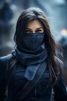 Mysterious woman in black scarf and coat photo