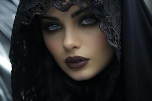 Mysterious woman in black hijab with intense gaze photo