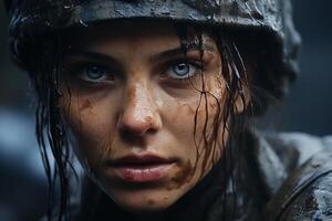 intense gaze of a young woman in the rain photo