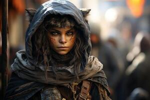 Mysterious hooded figure in a post apocalyptic setting photo