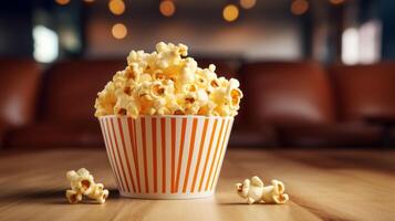 Freshly popped popcorn in a striped container photo