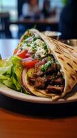 Delicious grilled meat wrap with fresh vegetables photo
