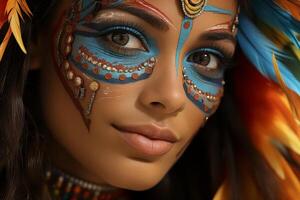 close up of a womans face with intricate makeup and jewelry photo
