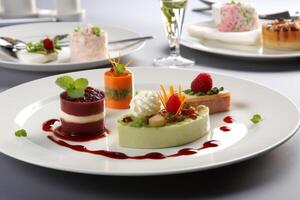 Gourmet dessert platter with various colorful and artfully presented sweet treats photo