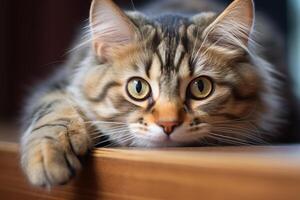 Curious cat peeking from behind photo