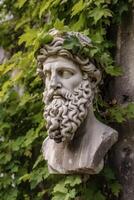 Weathered stone bust of a bearded man with leaves photo