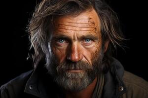 Rugged and weathered face of an older man with a long beard photo