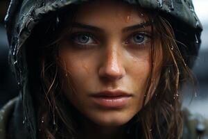 Intense gaze of a young woman in the rain photo