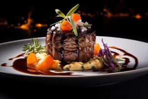 Gourmet steak dish with vegetables and garnish photo