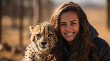 woman smiling with cheetah in nature photo