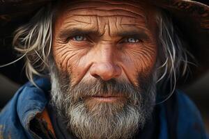 Weathered face of an elderly man with a long beard photo