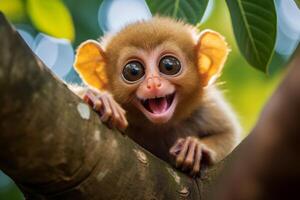 Cute and curious baby monkey peeking out from behind a tree photo