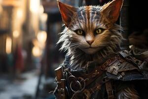 Fierce fantasy cat warrior with piercing eyes photo