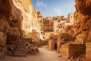 ancient desert city with rocky cliffs and stairs photo
