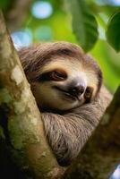 Sleepy sloth resting in tree photo