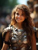 Smiling warrior woman in armor photo