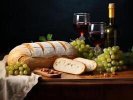 rustic bread, wine, and grapes on a wooden table photo