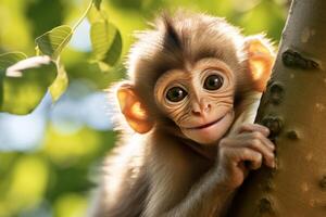 Curious baby monkey peering from tree branch photo