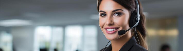 Smiling customer service representative wearing headset photo