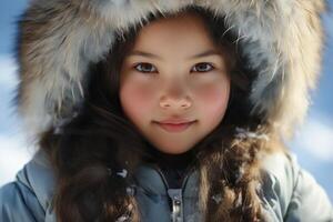Smiling child in winter coat with fur hood photo