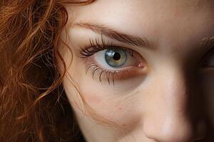 close up of a womans eye with long eyelashes photo